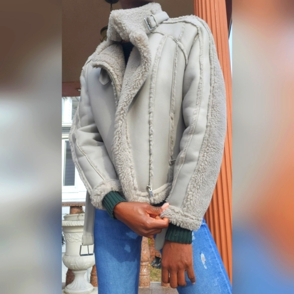 Grey Faux Fur Aviator Coat